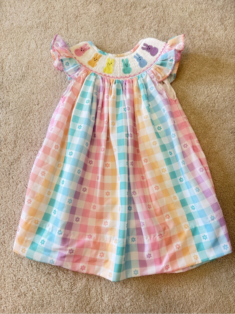 Poppy Kids Co Pastel Multi-Color Gingham Kids Dress with Embroidered Bunnies